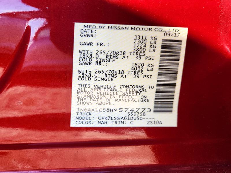 2017 Nissan Titan მანქანა იყიდება აუქციონზე, vin: 1N6AA1E58HN574773, აუქციონის ნომერი: 71453806