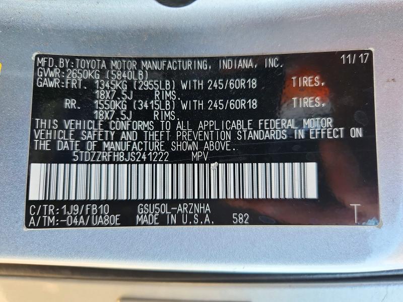 2018 Toyota Highlander მანქანა იყიდება აუქციონზე, vin: 5TDZZRFH8JS241222, აუქციონის ნომერი: 72251876