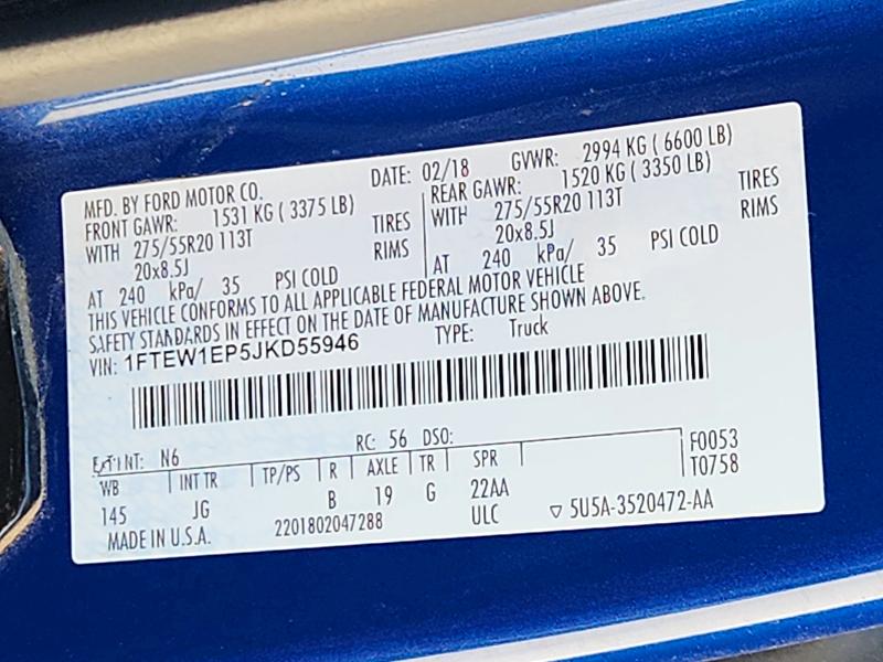 2018 Ford F150 მანქანა იყიდება აუქციონზე, vin: 1FTEW1EP5JKD55946, აუქციონის ნომერი: 72138626