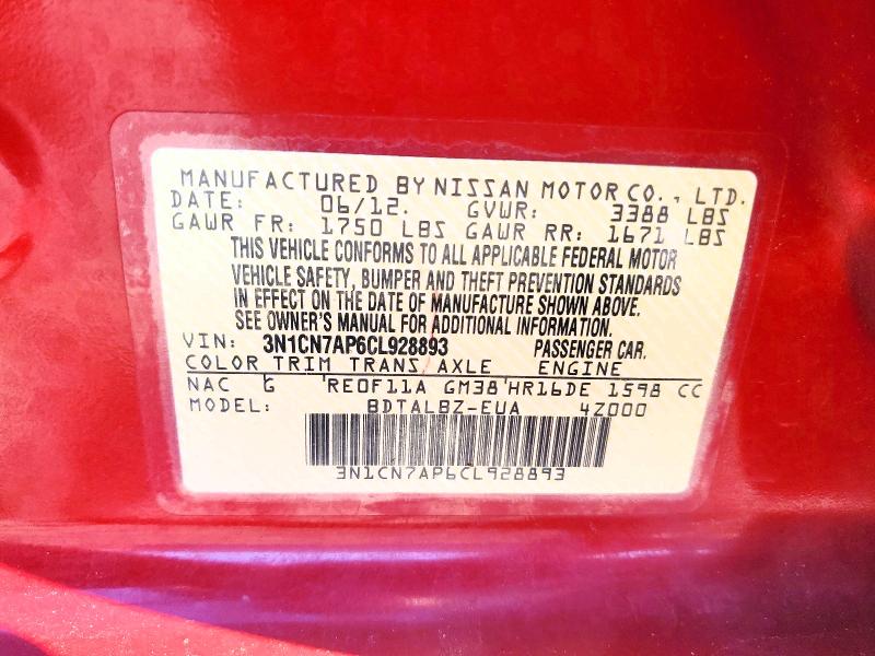 Aukcja sprzedaży 2012 Nissan Versa, vin: 3N1CN7AP6CL928893, numer aukcji: 69460366