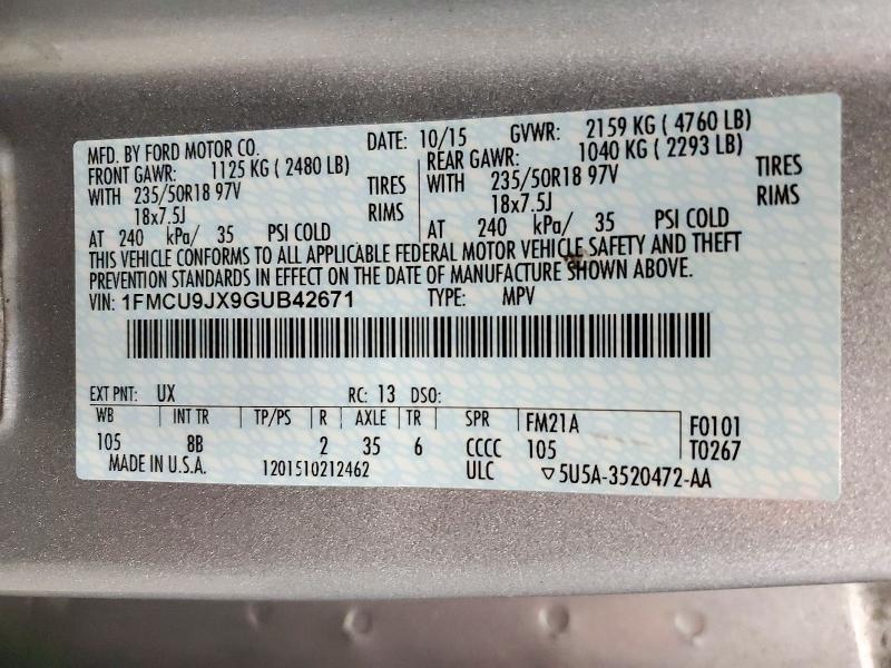 Продажа на аукционе авто 2016 Ford Escape, vin: 1FMCU9JX9GUB42671, номер лота: 72874676