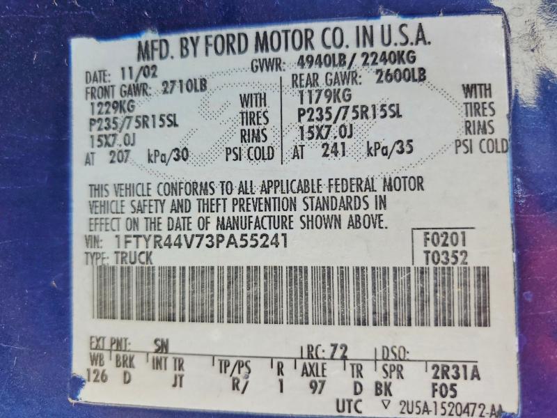 Продаж на аукціоні авто 2003 Ford Ranger, vin: 1FTYR44V73PA55241, номер лоту: 71687936