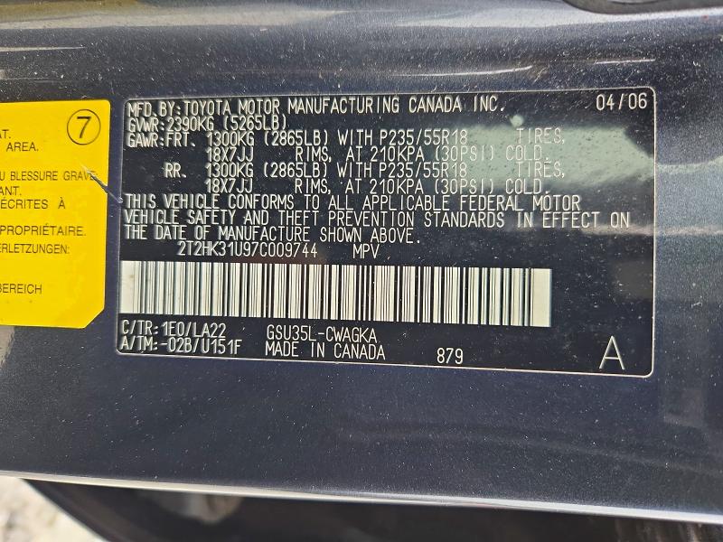 2007 Lexus Rx მანქანა იყიდება აუქციონზე, vin: 2T2HK31U97C009744, აუქციონის ნომერი: 71406696