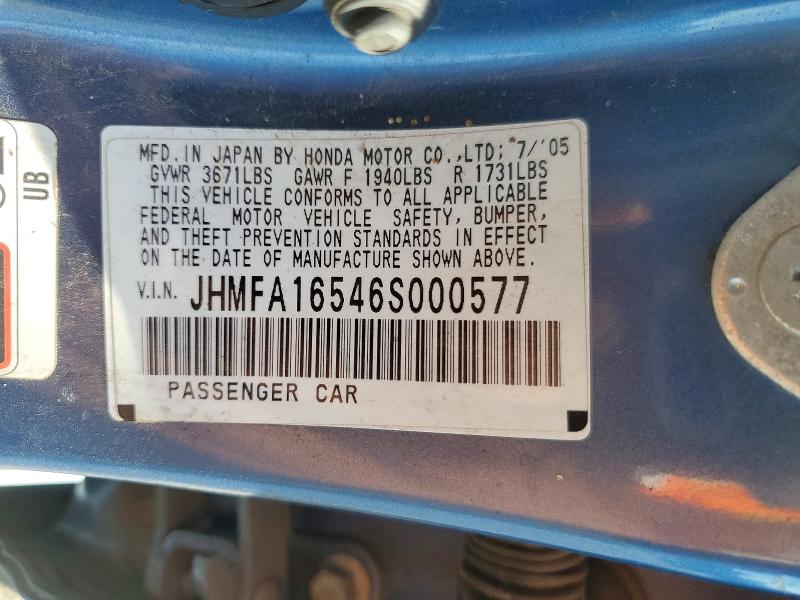 2006 Honda Civic მანქანა იყიდება აუქციონზე, vin: JHMFA16546S000577, აუქციონის ნომერი: 71940916