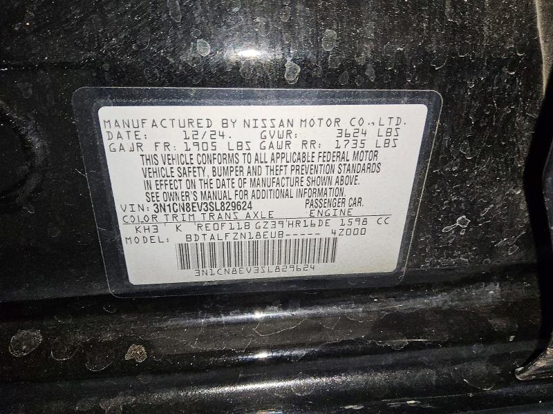 2025 Nissan Versa მანქანა იყიდება აუქციონზე, vin: 3N1CN8EV3SL829624, აუქციონის ნომერი: 72000496