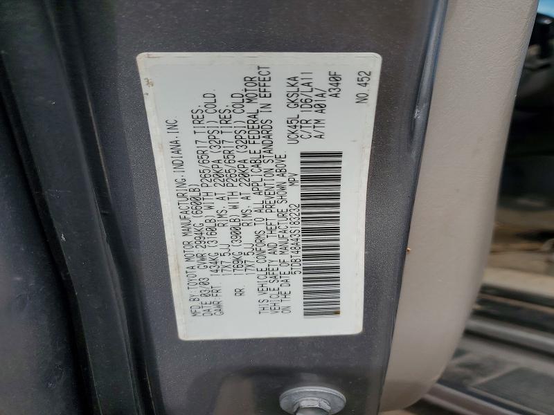Aukcja sprzedaży 2003 Toyota Sequoia, vin: 5TDBT48A43S183232, numer aukcji: 71410476