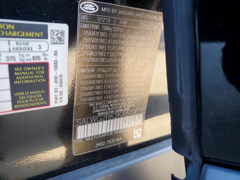 Aukcja sprzedaży 2019 Land Rover Range Rover Sport, vin: SALWG2RK3KA849616, numer aukcji: 72751386