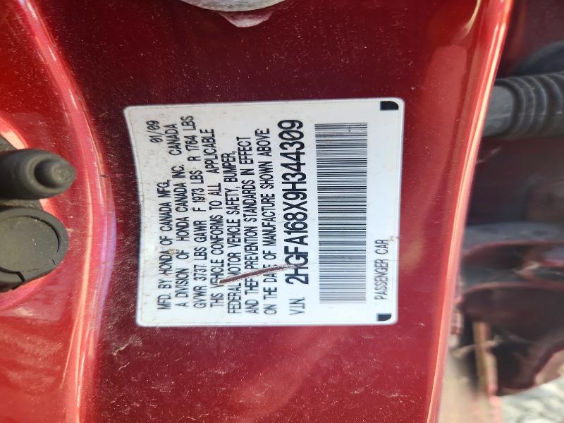 2009 Honda Civic მანქანა იყიდება აუქციონზე, vin: 2HGFA168X9H344309, აუქციონის ნომერი: 71788276