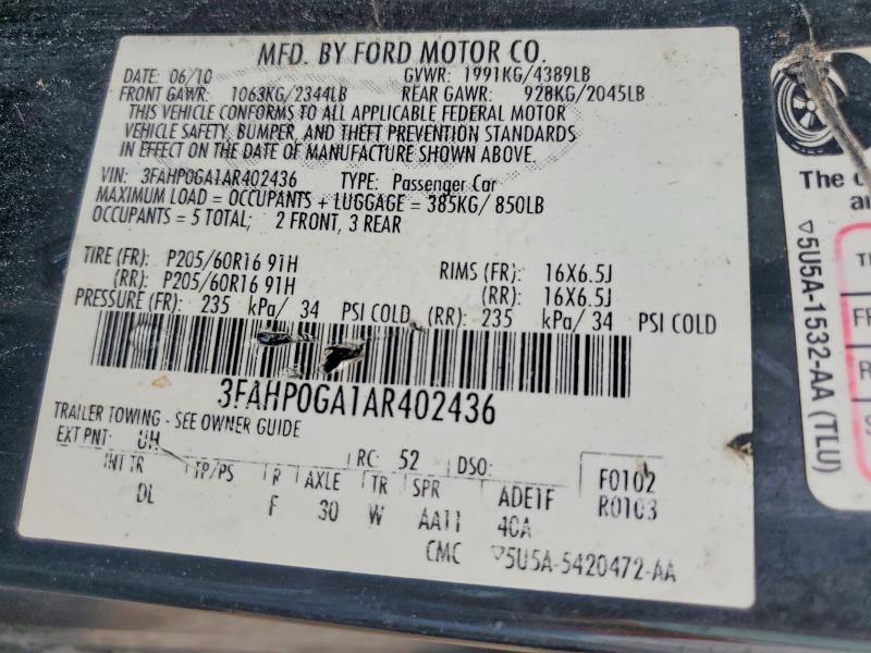 70377226 :رقم المزاد ، 3FAHP0GA1AR402436 vin ، 2010 Ford Fusion مزاد بيع
