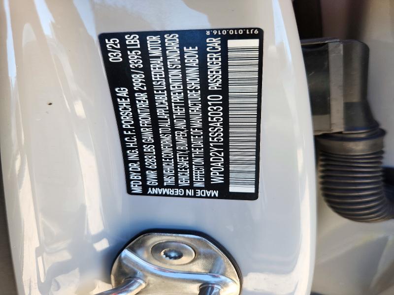 2025 Porsche Taycan მანქანა იყიდება აუქციონზე, vin: WP0AD2Y15SSA50310, აუქციონის ნომერი: 72225156