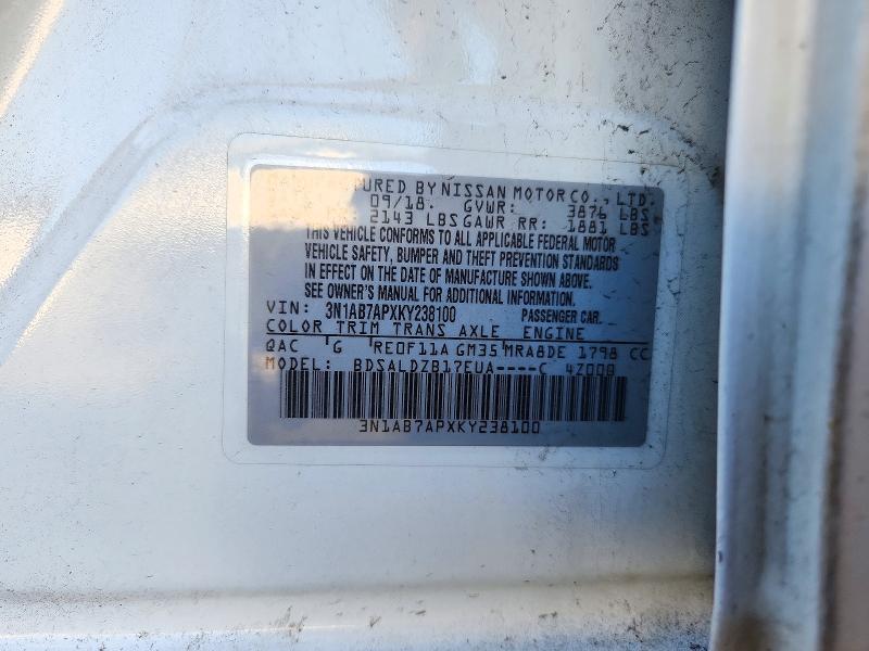2019 Nissan Sentra მანქანა იყიდება აუქციონზე, vin: 3N1AB7APXKY238100, აუქციონის ნომერი: 72351516