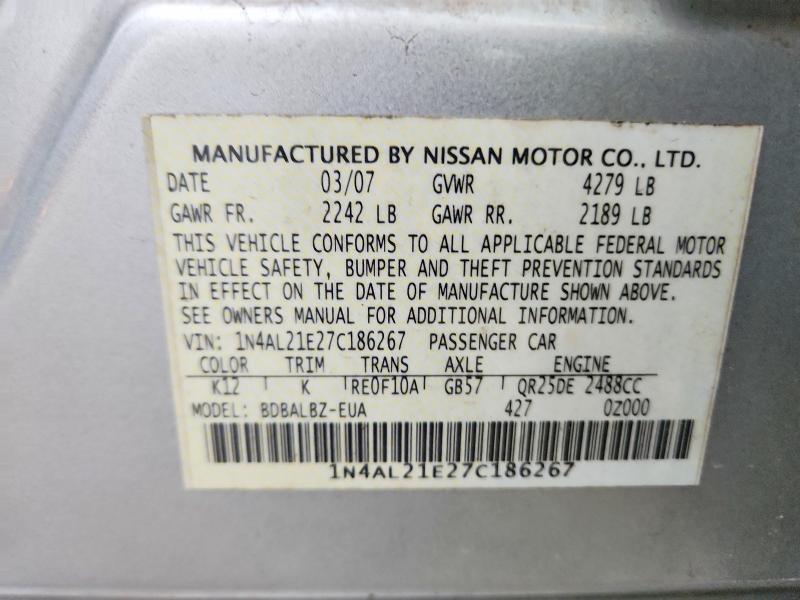 2007 Nissan Altima მანქანა იყიდება აუქციონზე, vin: 1N4AL21E27C186267, აუქციონის ნომერი: 71040566