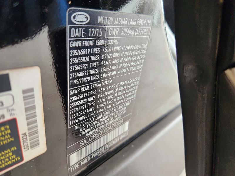 Aukcja sprzedaży 2016 Land Rover Range Rover, vin: SALGR2KF4GA270234, numer aukcji: 72075626