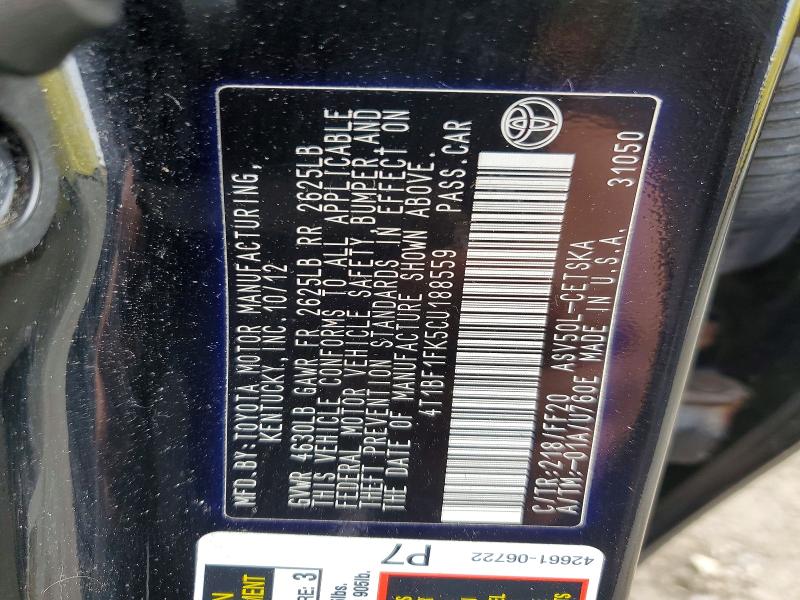Продажа на аукционе авто 2012 Toyota Camry, vin: 4T1BF1FK5CU188559, номер лота: 70028976