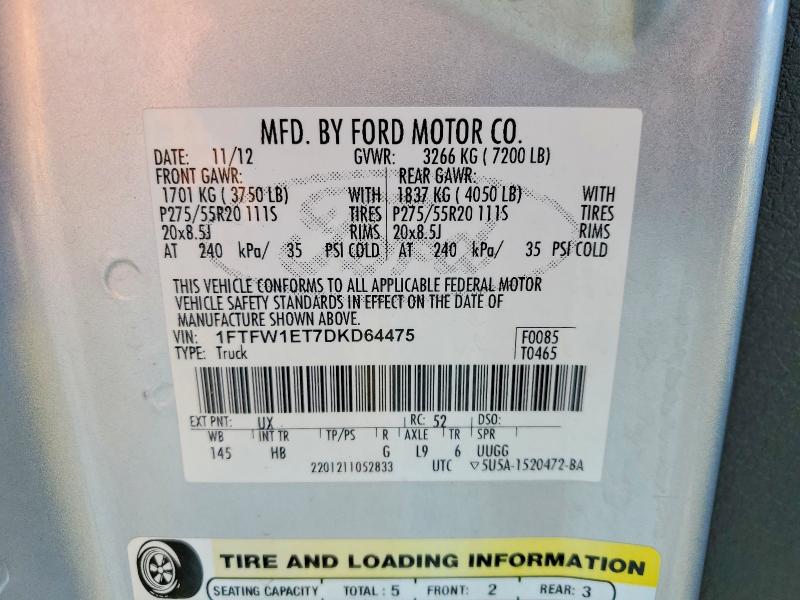 71180226 :رقم المزاد ، 1FTFW1ET7DKD64475 vin ، 2013 Ford F150 مزاد بيع