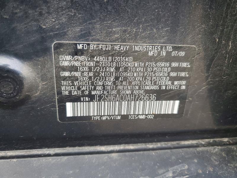 2010 Subaru Forester მანქანა იყიდება აუქციონზე, vin: JF2SH6AC0AH726636, აუქციონის ნომერი: 71074096