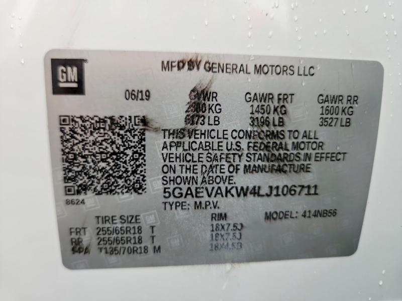 71670936 :رقم المزاد ، 5GAEVAKW4LJ106711 vin ، 2020 Buick Enclave مزاد بيع