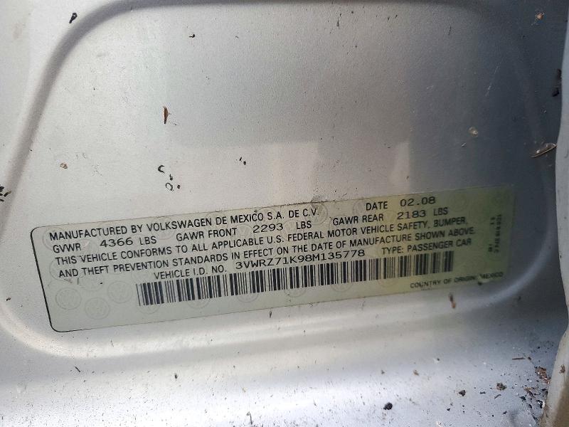 Aukcja sprzedaży 2008 Volkswagen Jetta, vin: 3VWRZ71K98M135778, numer aukcji: 72166906