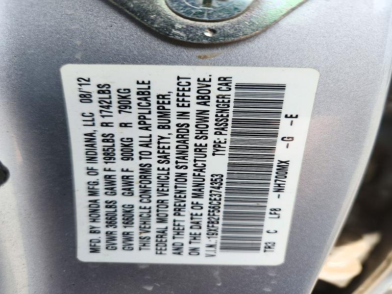 72846996 :رقم المزاد ، 19XFB2F56CE374353 vin ، 2012 Honda Civic مزاد بيع