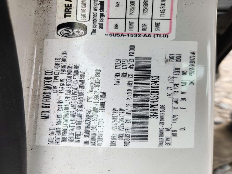 Продаж на аукціоні авто 2012 Ford Fusion, vin: 3FAHP0HA5CR109463, номер лоту: 71695866