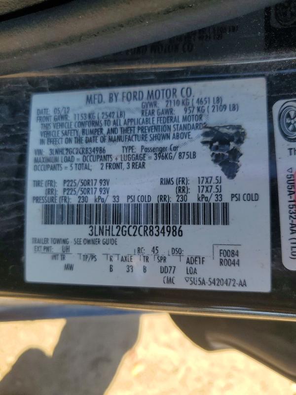 2012 Lincoln Mkz მანქანა იყიდება აუქციონზე, vin: 3LNHL2GC2CR834986, აუქციონის ნომერი: 73166026