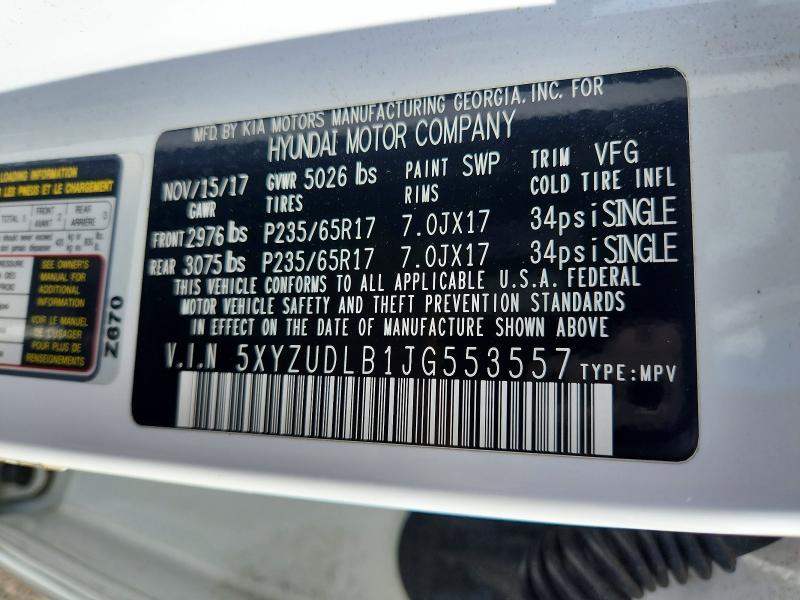 70851736 :رقم المزاد ، 5XYZUDLB1JG553557 vin ، 2018 Hyundai Santa Fe Sport مزاد بيع