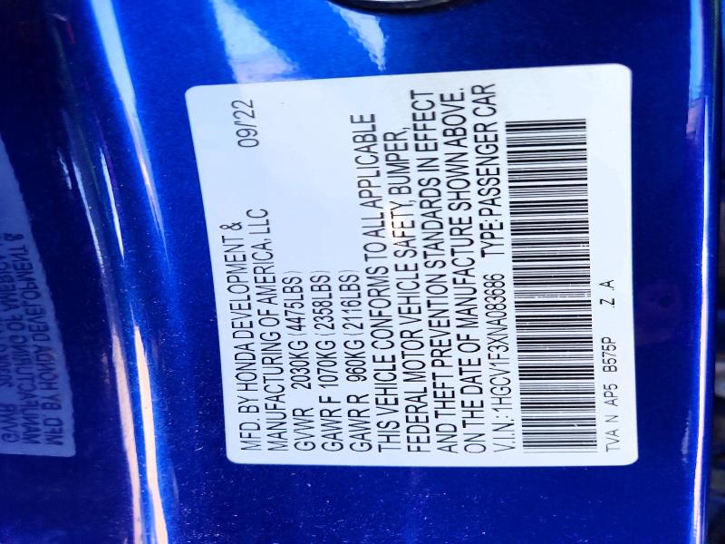 2022 Honda Accord მანქანა იყიდება აუქციონზე, vin: 1HGCV1F3XNA083686, აუქციონის ნომერი: 72758276