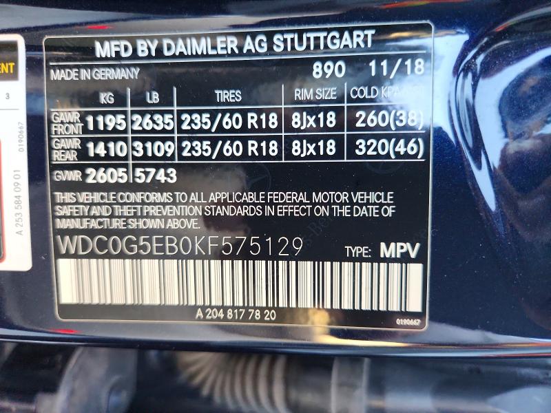 Aukcja sprzedaży 2019 Mercedes-benz Glc, vin: WDC0G5EB0KF575129, numer aukcji: 71712496