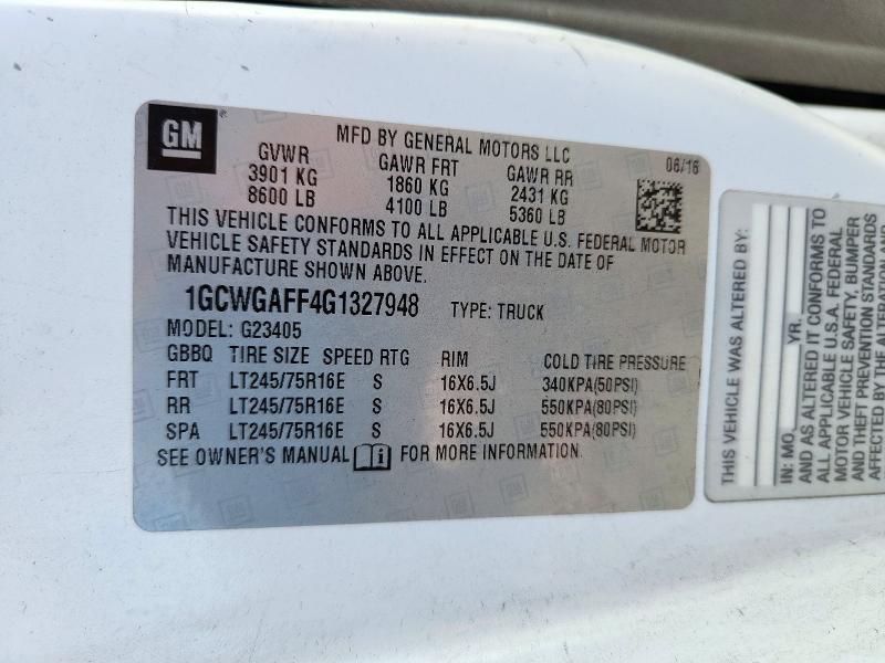 71416696 :رقم المزاد ، 1GCWGAFF4G1327948 vin ، 2016 Chevrolet Express G2500 مزاد بيع