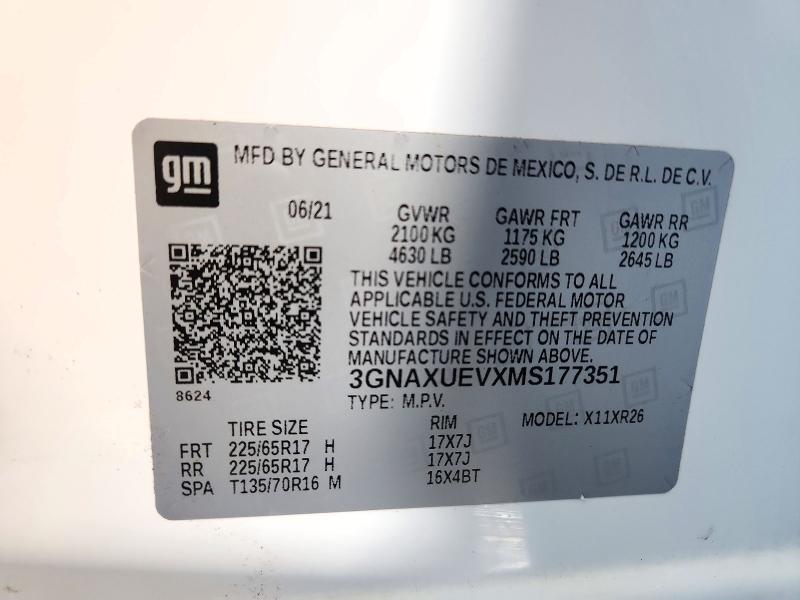 65375006 :رقم المزاد ، 3GNAXUEVXMS177351 vin ، 2021 Chevrolet Equinox مزاد بيع