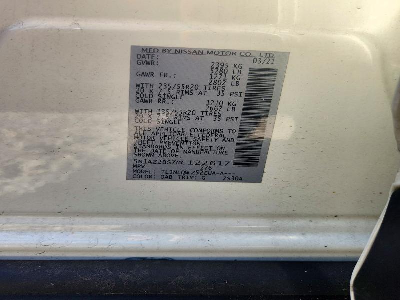 2021 Nissan Murano მანქანა იყიდება აუქციონზე, vin: 5N1AZ2BS7MC122617, აუქციონის ნომერი: 71944486