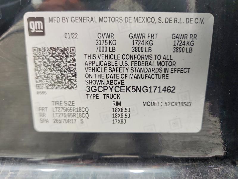 71786496 :رقم المزاد ، 3GCPYCEK5NG171462 vin ، 2022 Chevrolet Silverado Ltd مزاد بيع
