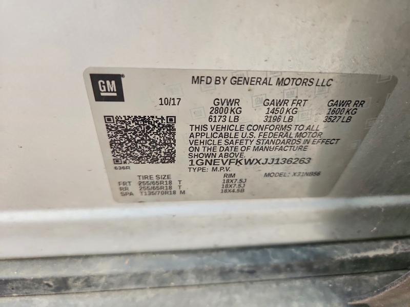 70024386 :رقم المزاد ، 1GNEVFKWXJJ136263 vin ، 2018 Chevrolet Traverse مزاد بيع