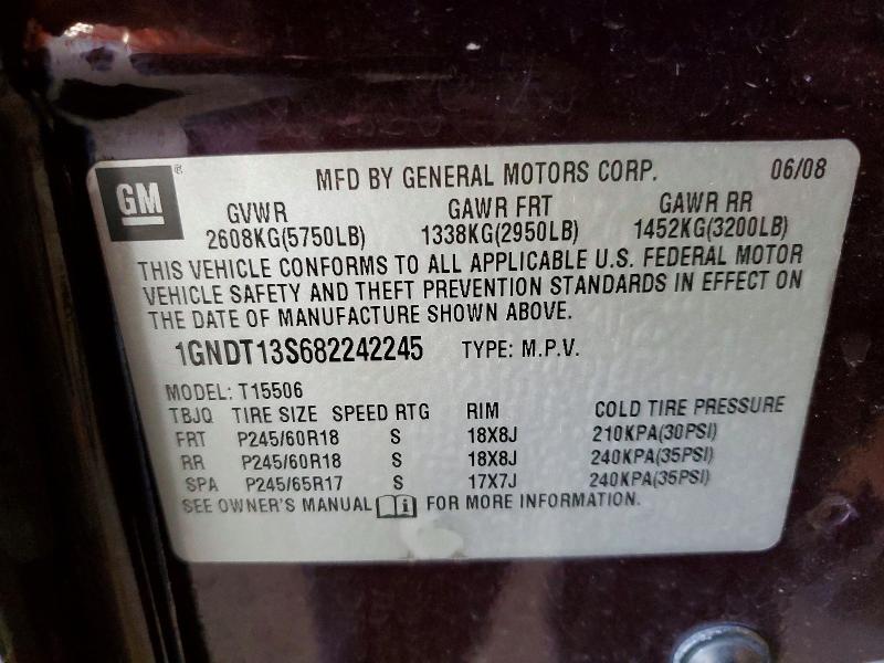Aukcja sprzedaży 2008 Chevrolet Trailblazer, vin: 1GNDT13S682242245, numer aukcji: 72859266