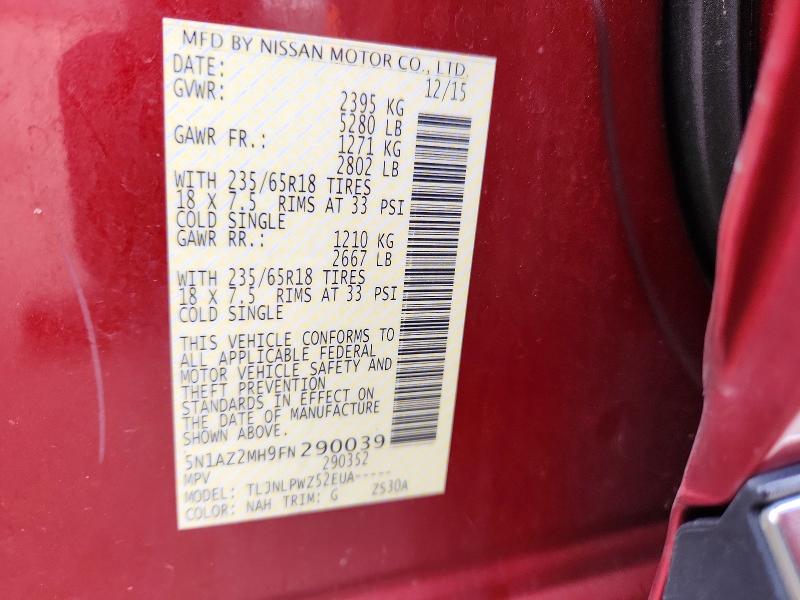 Aukcja sprzedaży 2015 Nissan Murano, vin: 5N1AZ2MH9FN290039, numer aukcji: 72913106