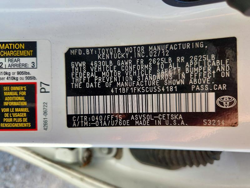 Продажа на аукционе авто 2012 Toyota Camry, vin: 4T1BF1FK5CU554181, номер лота: 72364346