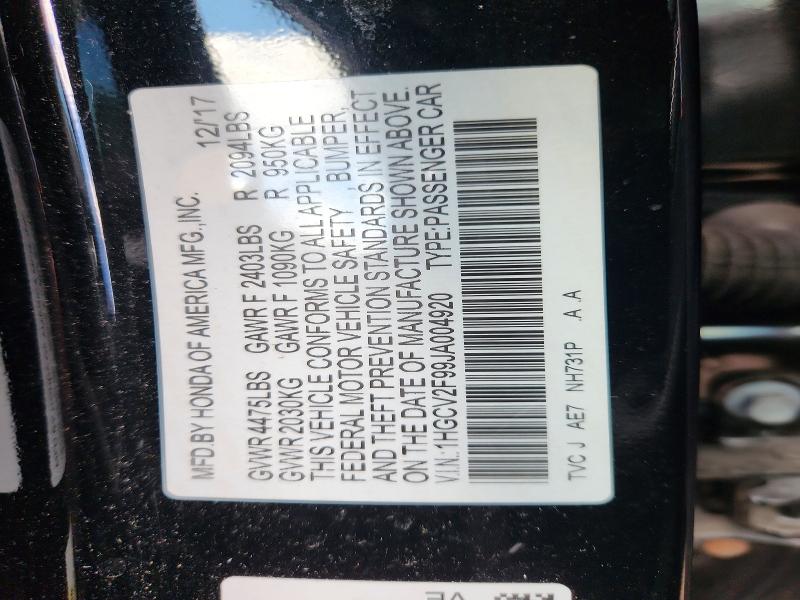 71623096 :رقم المزاد ، 1HGCV2F99JA004920 vin ، 2018 Honda Accord مزاد بيع