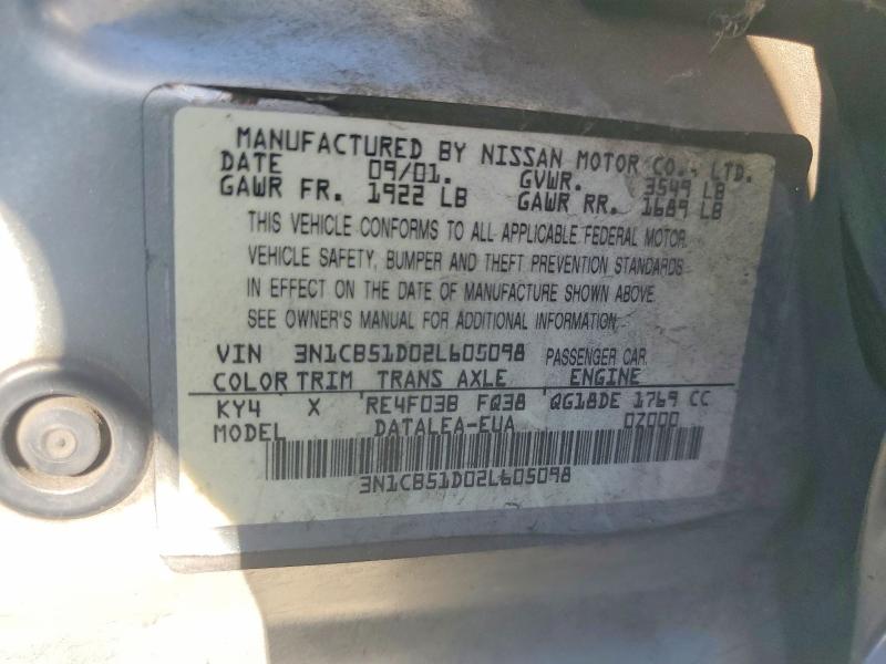 71669616 :رقم المزاد ، 3N1CB51D02L605098 vin ، 2002 Nissan Sentra مزاد بيع