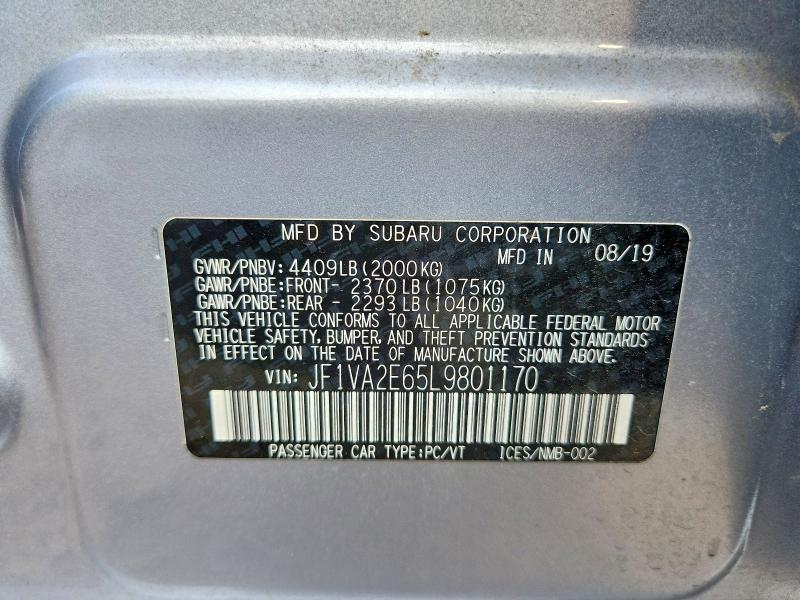 Продажа на аукционе авто 2020 Subaru Wrx, vin: JF1VA2E65L9801170, номер лота: 71060486