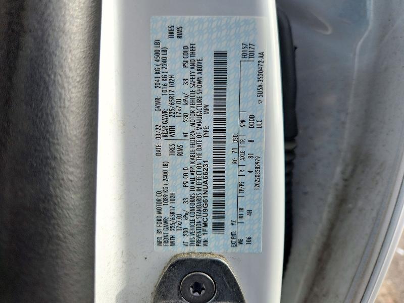 73078136 :رقم المزاد ، 1FMCU9G61NUA66231 vin ، 2022 Ford Escape مزاد بيع