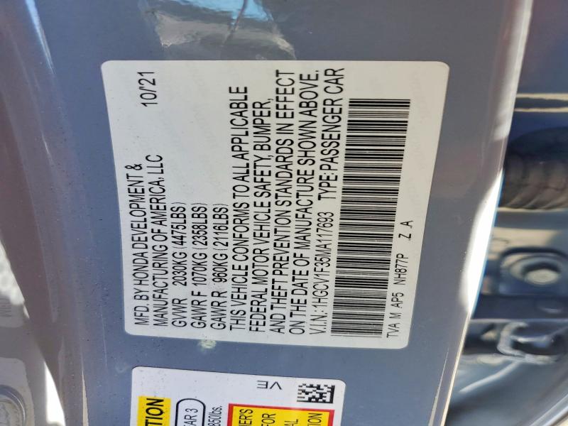 Продажа на аукционе авто 2021 Honda Accord, vin: 1HGCV1F35MA117693, номер лота: 70905076