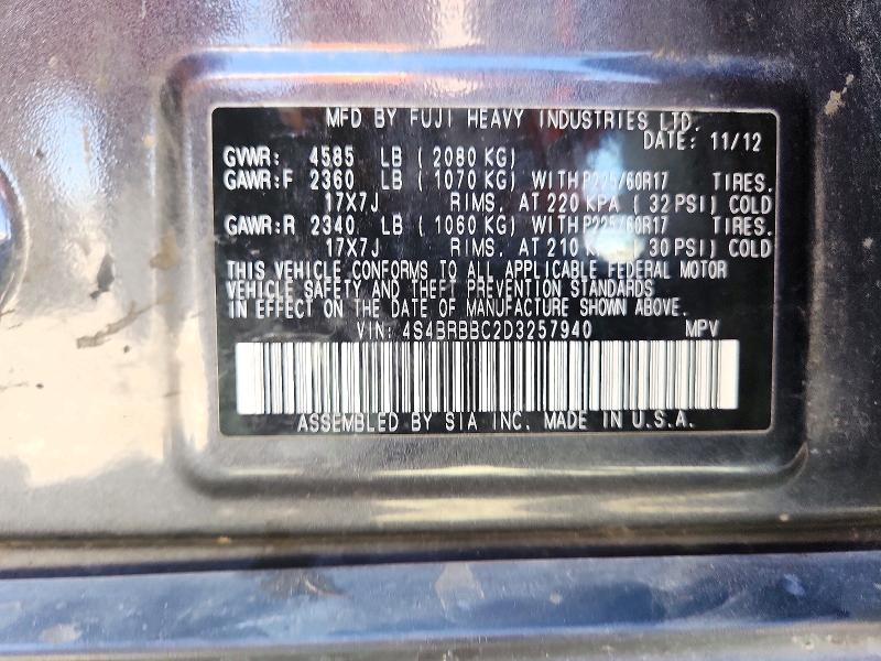 2013 Subaru Outback მანქანა იყიდება აუქციონზე, vin: 4S4BRBBC2D3257940, აუქციონის ნომერი: 72198646