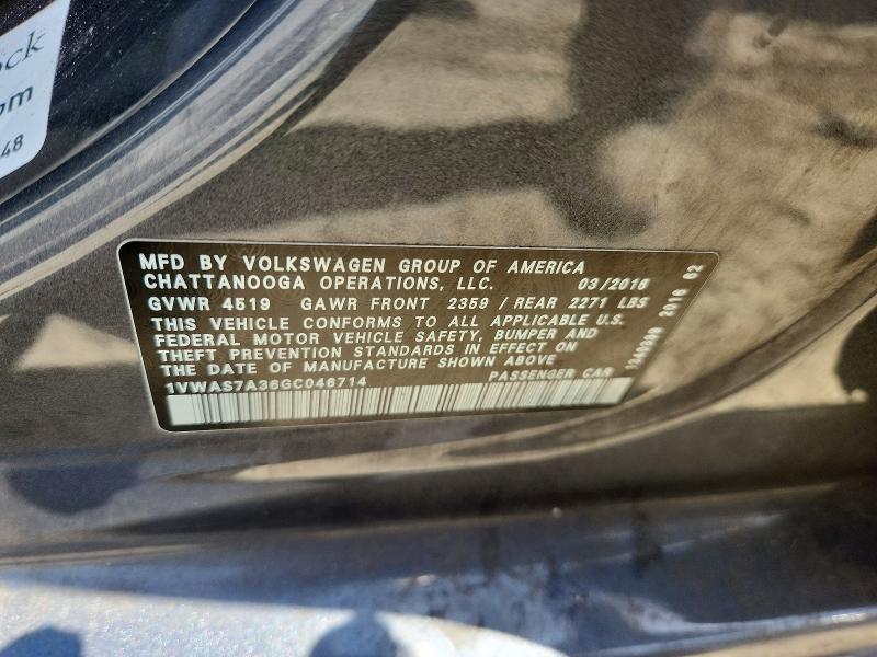 Aukcja sprzedaży 2016 Volkswagen Passat, vin: 1VWAS7A36GC046714, numer aukcji: 71082616