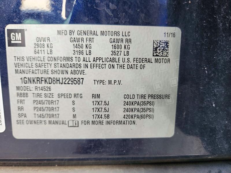 72921366 :رقم المزاد ، 1GNKRFKD8HJ229587 vin ، 2017 Chevrolet Traverse مزاد بيع