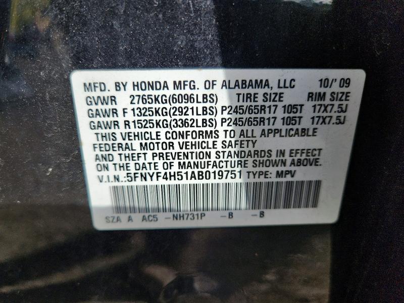 71278006 :رقم المزاد ، 5FNYF4H51AB019751 vin ، 2010 Honda Pilot مزاد بيع