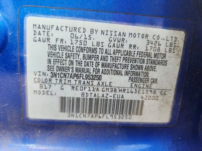2015 Nissan Versa მანქანა იყიდება აუქციონზე, vin: 3N1CN7AP6FL953250, აუქციონის ნომერი: 71741506