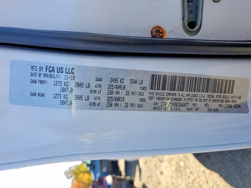 71989126 :رقم المزاد ، 1C4PJMDN5KD342077 vin ، 2019 Jeep Cherokee مزاد بيع