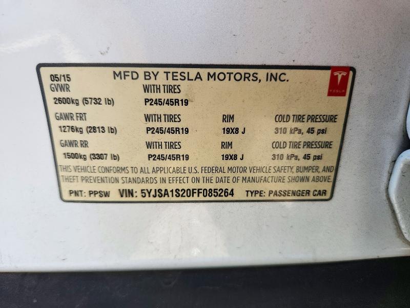 Продажа на аукционе авто 2015 Tesla Model S, vin: 5YJSA1S20FF085264, номер лота: 72958666