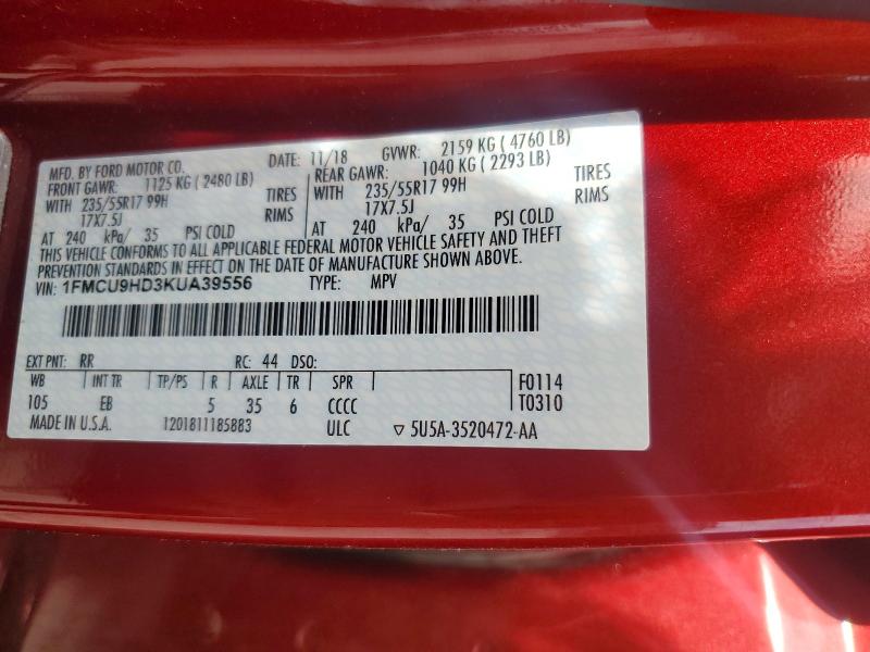 2019 Ford Escape მანქანა იყიდება აუქციონზე, vin: 1FMCU9HD3KUA39556, აუქციონის ნომერი: 72729006