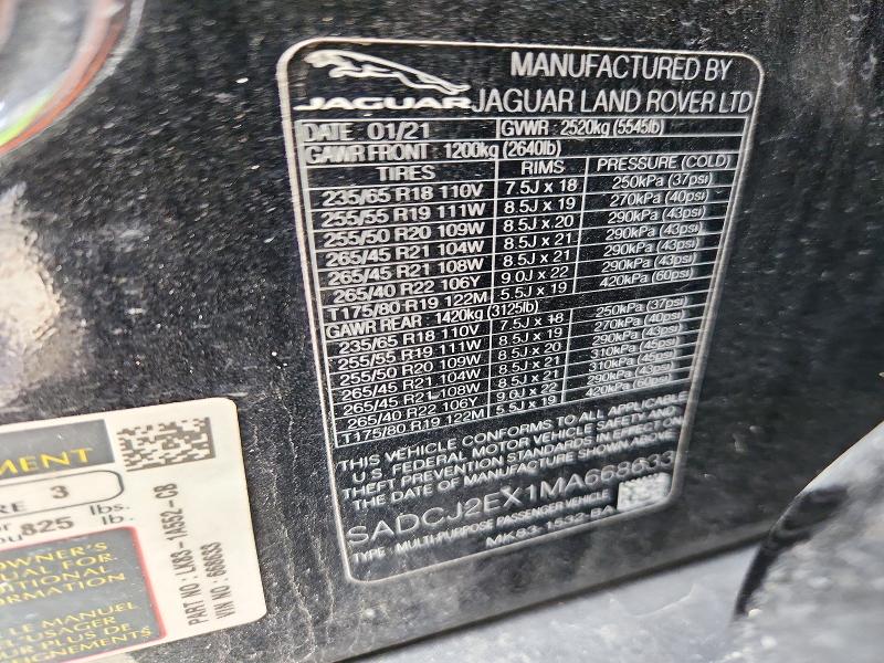 Продаж на аукціоні авто 2021 Jaguar F-pace, vin: SADCJ2EX1MA668633, номер лоту: 72631346